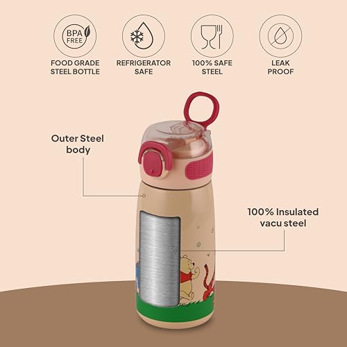Image of Cello Kidzbee Flare 450 Insulated Stainless Steel Sipper Water Bottle 444 ml, Peach | Winnie Family Cartoon Design Hot & Cold Bottle | Vacuum Insulated Leakproof Easy to Carry Bottle for Kids