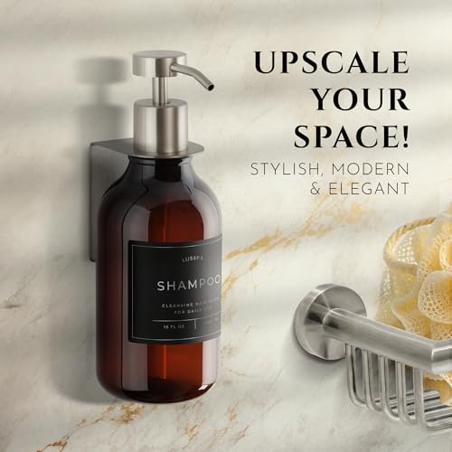 Shower Shampoo Dispenser Wall Mounted – Refillable 16.9 oz Amber Bottle with Stainless Steel Pump & No-Drill Adhesive Holder – Soap Dispenser for Bathroom (1 X Amber/Silver) - image 2
