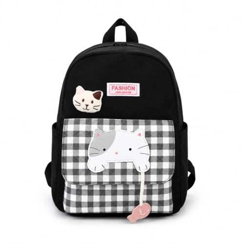 Mochila Infantil com Gatinho Bordado, Bolso Xadrez Frontal, Alças Ajustáveis, 36x27x12 cm, para Escola e Passeios (Preto)