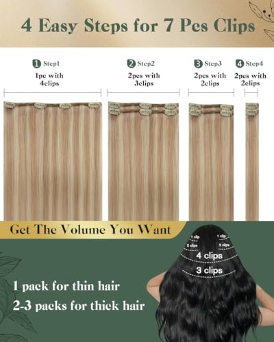 Image of Ugeat Clip in Hair Extensions Real Human Hair Highlight 14 Inch 7pcs 105g