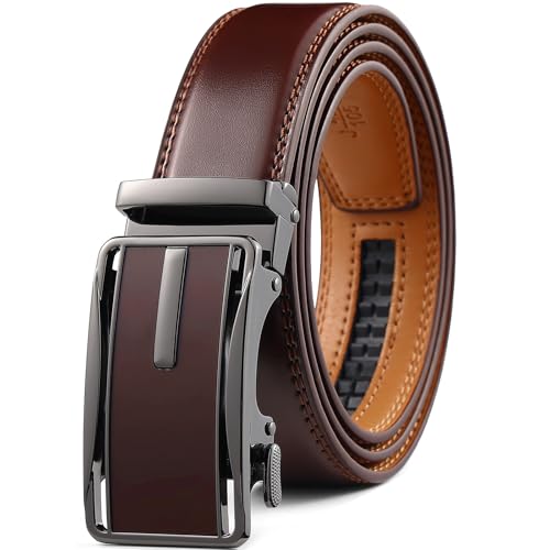 Image of Drowsmen Leather ratchet belt 1 3 /8 inch with Click Sliding Automatic Buckle, Adjustable belt Trim to Fit