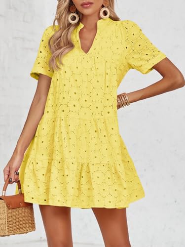 Image of Imily Bela Womens Summer Lace Dresses Eyelet Casual Flowy Babydoll Swing Short Sleeve V Neck Tunic Dress