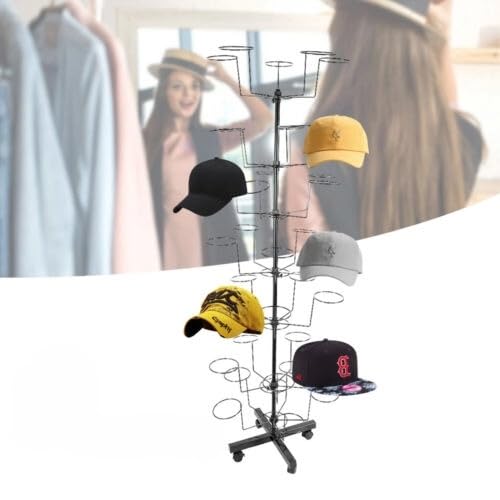 YINZINR 7- Tier Hat Display Rack Stand, Movable Heavy Duty Iron Hat Rack with 4 Wheels, Retail Rotating Hat Display Stand, 35 Hats Caps Holders,Height Adjustment, for Home or Commercial