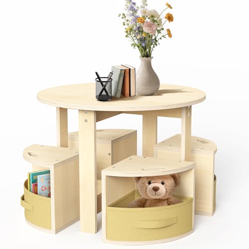 bbgroundgrm Table and Chair Set with 4 Storage Stools, Round