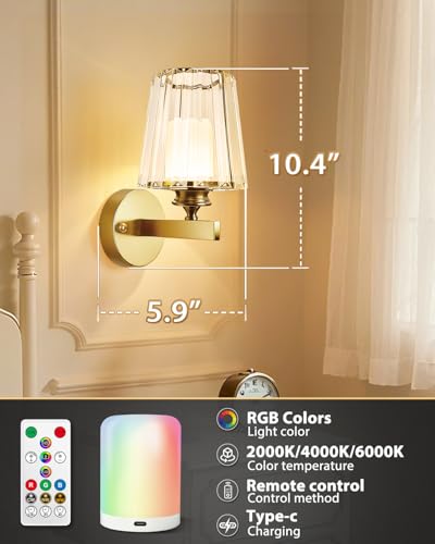 Image of Adetu 10.4 Inch Crystal Wall Sconces Set of 2, Battery Operated Wall Sconce | 10000mAh Magnetic Bulbs and Remote, 5%-100% Dimmable, RGB Rechargeable Wall Lights for Bedroom Living Room Hallway Deco