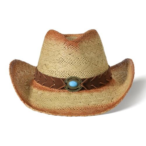 Image of Cowboy Hats for Women & Men Straw Cowboy Hat Wide Brim Western Cowgirl Hats Summer Sun Hat