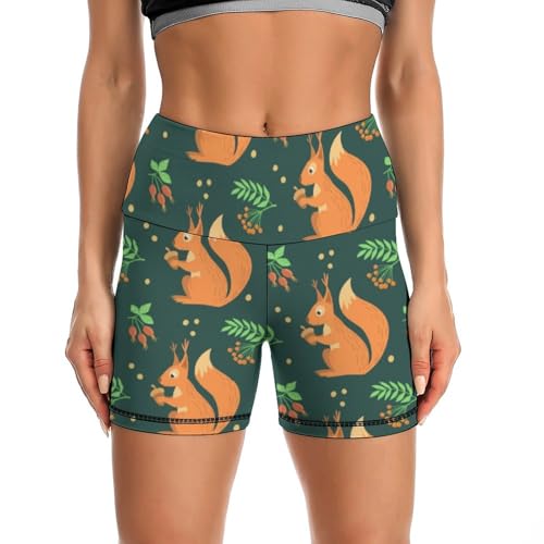 Cute Squirrel Animal Pattern High Waist Yoga Shorts for Women Athletic Shorts Leggings Running Pants Black