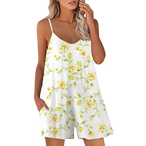 Strampler mit lockerem Riemen, langer Overall, lässig, Sommer, lässig, ärmellos, Blumendruck, Riemen, lockere verstellbare Jumpsuits, dehnbare Shorts, Strampler mit Taschen, Brautparty-Outfit, gelb,