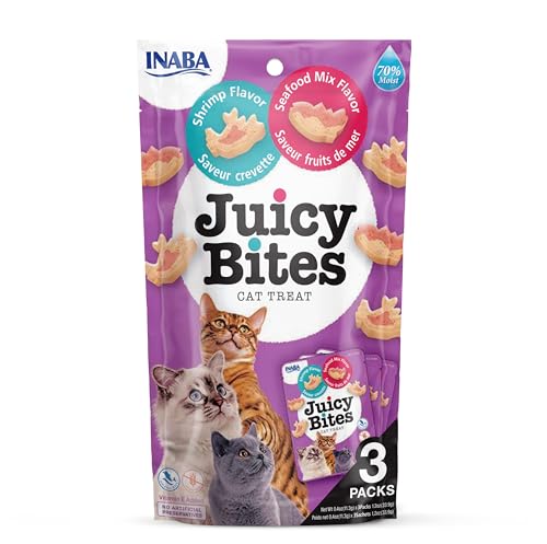 INABA Juicy Bites Bocconcini per Gatti ai Gamberi e Frutti di Mare - 1 Busta (3 Packs x 11,3gr) - Snack Semi-Umido per gatto in Forme Diverse - Cibo Senza Conservanti o Coloranti Artificiali