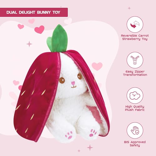 Image of Reversible Strawberry Rabbit Bunny Carrot Plush Toys with Zipper, Cute and Versatile Plushies Stuffed Animal Soft Toy Birthday Gift for Girls & Kids (Red)