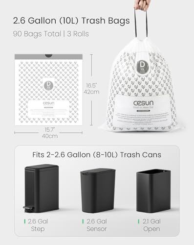 Image of Cesun Code D Drawstring Trash Bags 90 Count, Pre Cut 2.6 Gallon / 10 Liter Small Trash Can Liners, White