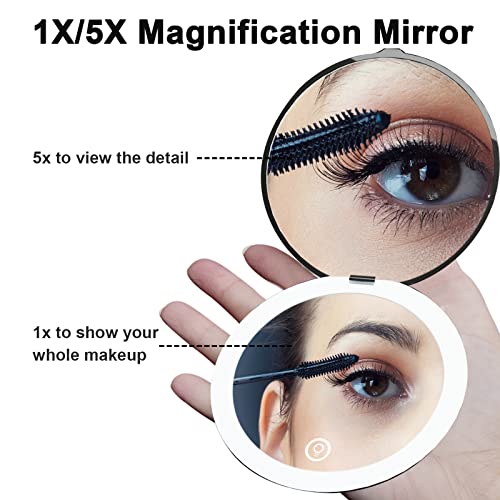 Finway Led Lighted Compact Mirror,1X/5X Magnification Compact Mirror Travel Makeup Mirror,4.05 Inch Illuminated Folding Mirror, Handheld 2-Sided Mirror,Portable Folding Mirror For Pocket, Black #TOP1