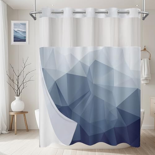 AXURXUI No Hook Shower Curtain with Snap in Liner and Sheer Window, Blue Modern Geometric Fabric Shower Curtain Set for Bathroom Decor, 15-Second Quick Install, Abstract Irregular Ombre, 71"X74"