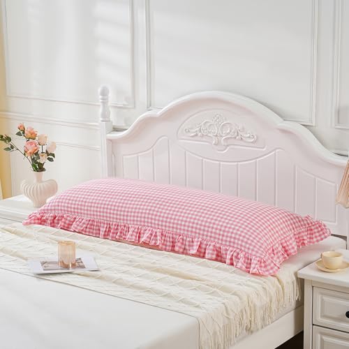Pink/White Gingham Body Pillow Sham 20x54 inches, 100% Washed Cotton Ruffled Vintage Pillowcase Farmhouse Body Pillow Cover for Bed/Sofa