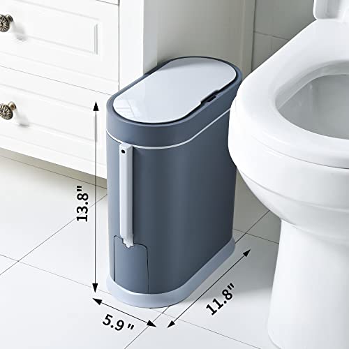 Image of ELPHECO Bathroom Trash Can with lid - 2.5 Gallon Waterproof Sensor Trash Bin, 10 Liter Motion Sensor Trash Can, Slim Garbage Bin Bathroom Decor (Grey, 2.5 Gallon with Toilet Brush)