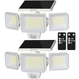 COOSOLUX Solar Motion Sensor Lights with Remote Control, IP65 Waterproof LED Solar Outdoor Wall Lights, 3 Heads Solar Flood Security Light with 3 Modes for Porch Garage Garden Yard Patio White 2 Pack