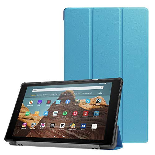 SATURCASE Case for Amazon Fire HD 10 2019 Released (9th Generation), PU Leather Flip Foldable Folio Stand Protective Tablet Cover with Auto Sleep/Wake Function (Sky Blue)