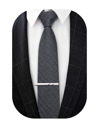 Image of Barry.Wang Skinny Ties for Men Wool Blend Herringbone Necktie with Tie Clip | Tie and Tie Clip Set, Cashmere Wool Stripe, 2.76 x 63 Inches, Extra Long Slim, Wedding Work Party Classic