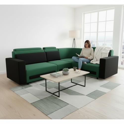 Image of APRODZ Wooden Sofa Set 6 Seater for Living Room, Solid Wood L Shape Sectional Sofa with Velvet Fabric Upholstery, Cushioned Seating for Home, Office & Lounge, Dark Green & Black