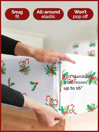 King Candy Cane Mistletoe Sheet Set - Holiday Xmas Pattern Bedding Set - Deep Pockets - Snug Fit - 4PC - Wrinkle Free & Easy Fit - Cozy Festive Winter - Holiday Sheets for Women, Men, Kids & Teens