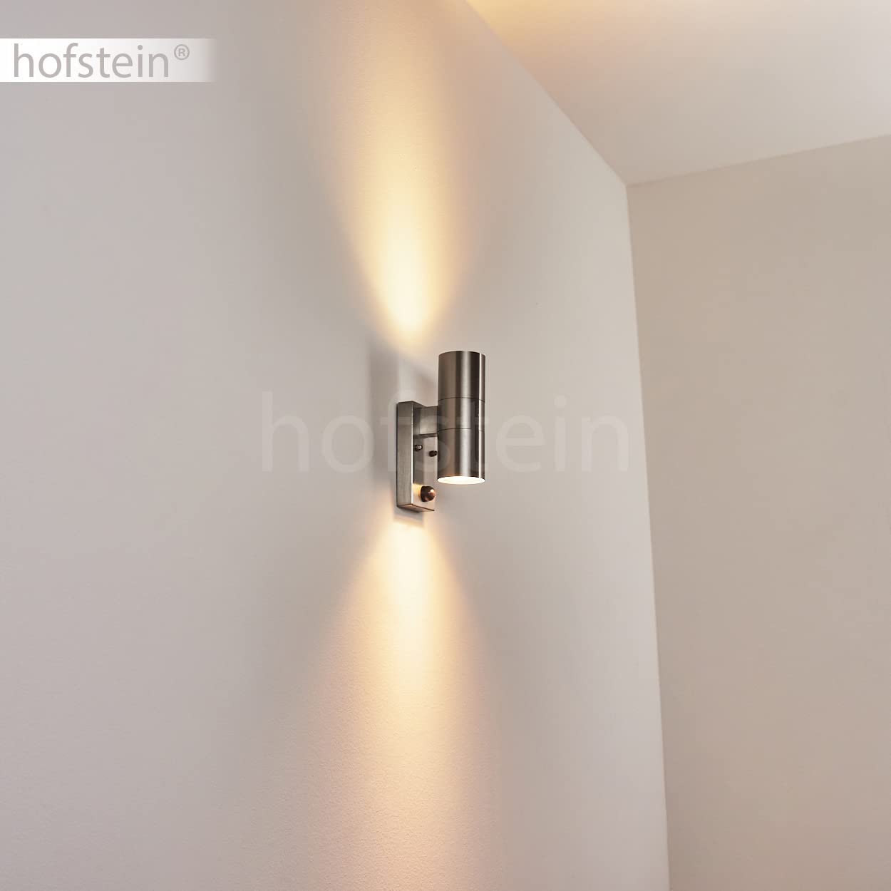 Applique murale d'extérieur Bessiebelle, lampe d'extérieur en métal/verre couleur inox/blanc, détecteur de mouvement, effet lumineux, pour terrasse/entrée, luminaire up&down, GU10, IP44, sans ampoules