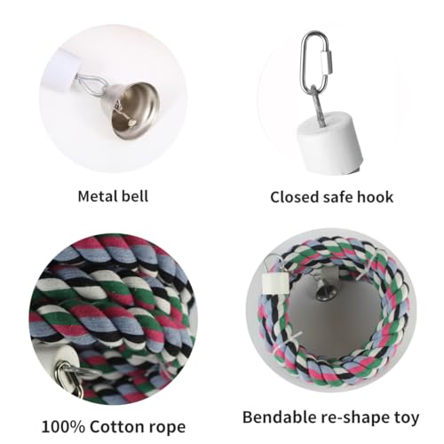 Image of 65inch Cotton Bendable Rope(Plus 1 Set 3 Steel Bells) Perch Swing Bird Chew Toys Amazon Parrots Cage Toys with Bell Swing Climbing Standing Bungee Bird Toys for Large to Regular Size Birds