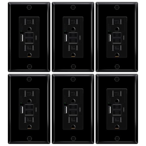 6 Pack Black 15A GFCI Outlet with USB Ports(Type A &amp; C, 4.8A/24W Total Output), GFI Electrical Outlet with 2 USB Charging Ports- Self-Test Tamper-Resistant with LED Indicator, ETL Listed