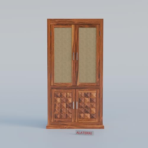 Image of Solid Wood Storage Cabinet with Cane Doors & Carved Panels | Modern Wooden Wardrobe Organizer for Living Room, Bedroom & Dining Room (Natural Finish)