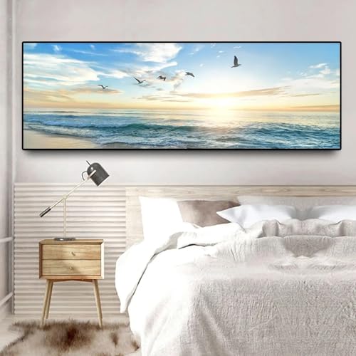 Tableau moderne mer et oiseaux 50x150cm avec cadre chic - 3