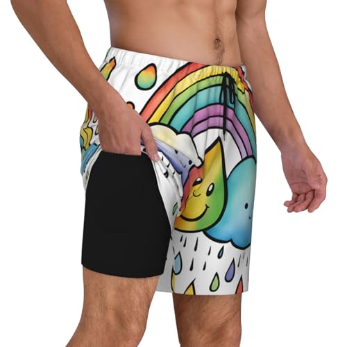 Rainbow Clouds Raindrop Men's Soft Double Swim Shorts, Lounge Swiming Shorts Pants Breathable Summer3