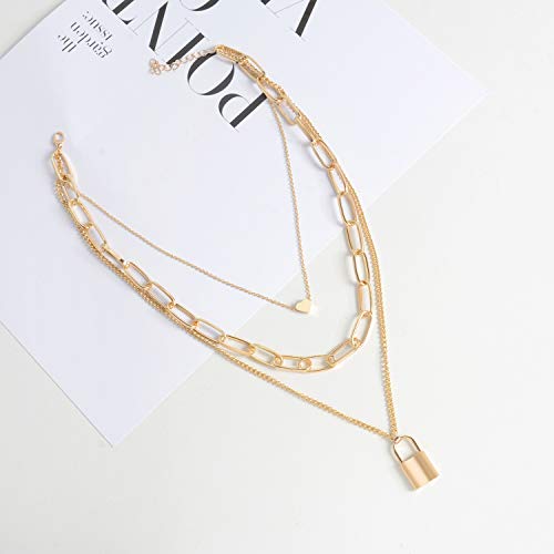Sinvini Lock Chain Necklace, Egirl Chains, Statement Lock Pendant Necklace Gold Set Eboy Long Multilayer Chains Punk Choker 2 Set(5 Layer) #TOP4