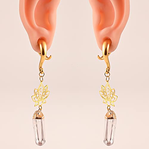 Doearko 2 Pcs Ear Gauges Lotus Natural Stone Crystal Ear Plugs Body Piercing Tunnels 316 Stainless Steel Hypoallergenic Earrings Gauges For Ears Expander Body Jewelry (8Mm(0G), Gold) #TOP1