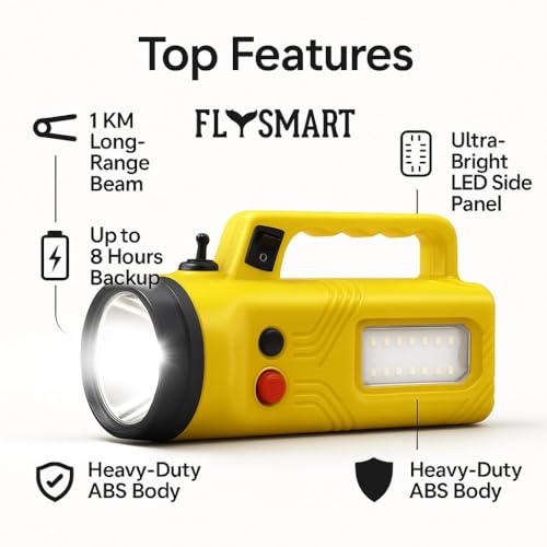 Image of Flysmart Bullet Queen Heavy Duty LED Searchlight Rechargeable, Long Range Focus Beam, Powerful Battery, Waterproof Torch with Side LED for Camping & Emergency