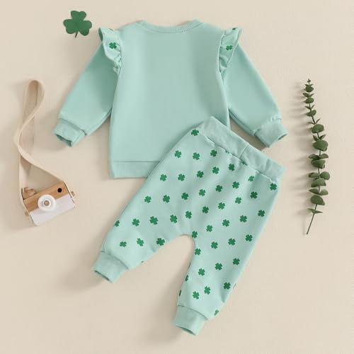 FYBITBO Toddler Baby Girl St Patricks Day Outfit Luck Charm Long Sleeve Ruffle Sweatshirt Shamrock Pants Set Spring Clothes (Luck Charm Clover, 12-18 Months) - Thumbnail 6
