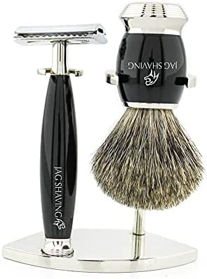 Kit de rasage double bord avec brosse à poils de blaireau Rea/Super et support de rasage en acier inoxydable Jag Shaving