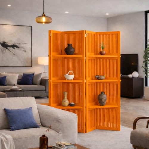 Image of Wooden Partition Divider for Living Room, Partition Wall, Privacy Divider, Freestanding Folding Panels for (6 Feet 5 Panel with 3 Shelve) (6 Feet 4 Panel Orange Shelves)