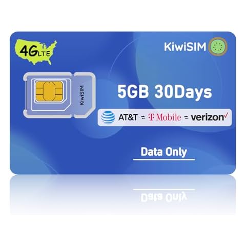 KiwiSIM SIM Card 5GB 30Days, 4G SIM Data Card Support for AT&T, T-Mobile and Verizon, IoT SIM Card Data Only for Unlocked Cellular Portable WiFi/Router/Mobile WiFi Hotspot/GPS Tracker, No Contract Cover