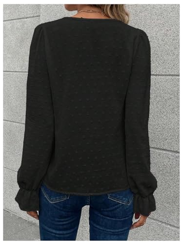 WDIRARA Women's Swiss Dots Lace Trim Blouse V Neck Long Sleeve Top2