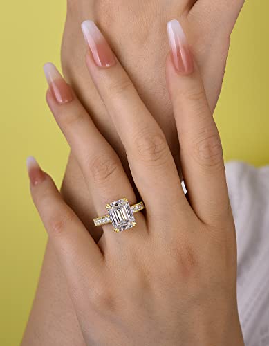 5.5CT Emerald Cut Promise Ring for Women, Simulated Diamond Ring,18K Yellow Gold Plated 925 Sterling Silver Ring4