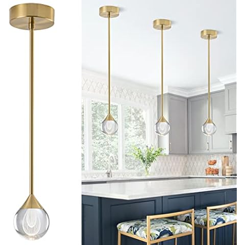 SUNMOO 1-Light Teardrop Crystal Pendant Light, Dimmable Mini LED Crystal Hanging Light Fixtures, Gold Brushed Brass Finish Modern Ceiling Pendant Lighting for Kitchen Island Dining Room Bedroom Bar Cover