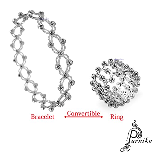 Parnika 925 Sterling Silver Rhodium Plated Cuzbic Zircon Studded Convertible Ring Plus Bracelet | Gifts for Women & Girls | With Certificate of Authenticity |