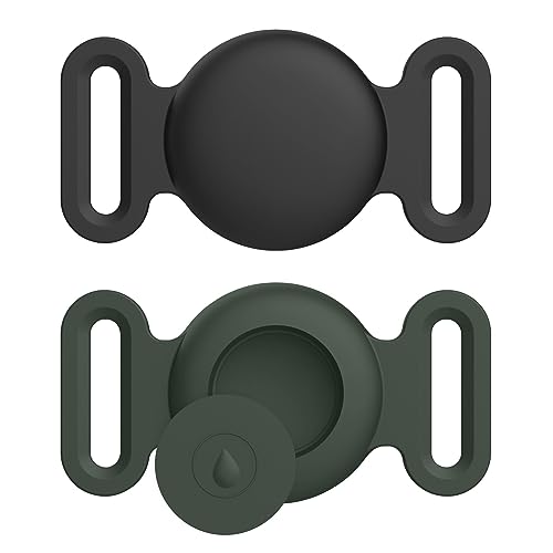 VANCLE 2 Stück Hülle für AirTag Hundehalsband Schutzhülle, Silikon Wasserdichtes Schutzhülle AirTag, Pet Loop Holder für AirTags, Hülle für Haustier Katzen Hundehalsbändern, Schwarz+Dunkelgrün