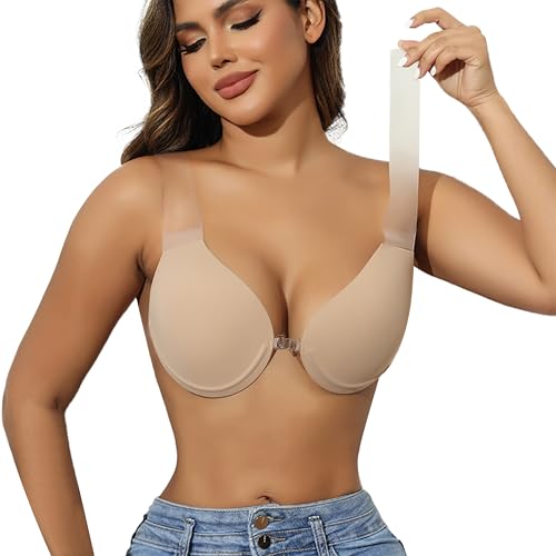 Jcvine Strapless Sticky Push Up Bra for Large Breasts,Backless Adhesive Invisible Bra for Dress (US, Cup Band, DDD) Beige