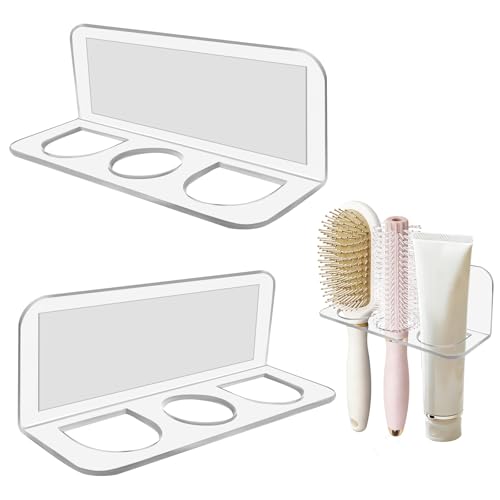2-Pack Acrylic Hair Brush Holder Wall Mounted Bathroom Organizer with Industrial Adhesive for Combs Round Brushes Hair Tools Space Saving Design (Transparent)