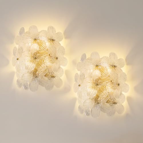 Image of TOCHIC Gold Wall Sconces Set of Two, 4-Light Flower Glass Wall Lights | Dimmable Floral Wall Lamp, Wall Mounted Light, Farmhouse Bathroom Vanity Lights, for Bedroom, Living Room, Staircase, Hallway