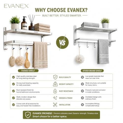 Image of EVANEX Towel Rack for Bathroom 304 Stainless Steel Towel Holder 24 Inch Folding Towel Rack with Shelf Wall Mounted Chrome Finish Bathroom Organizer, Bathroom Accessories Set