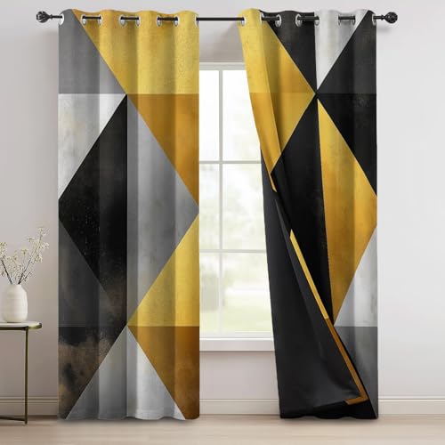 Lot de 2 Rideaux Occultants Thermiques Isolants Anti-Froid à Œillets - Motif en Gris Triangles Jaunes 140L x 245H cm, Abstrait Rideaux Noir Thermiques pour...