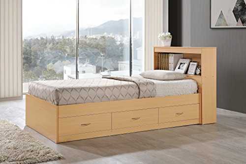 Hodedah Storage Bed with Bookcase Headboard, Beech