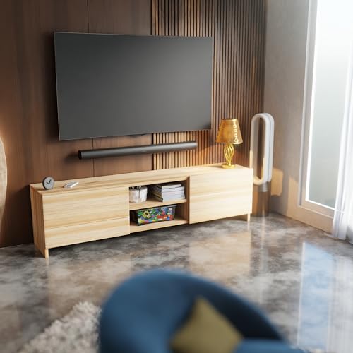 Image of Modern Living Room TV Stand with Open Display Compartment, Dual Side Storage Units, and Clean Contemporary Design for Home Decor | Assembly-DIY | Color-Asian Light