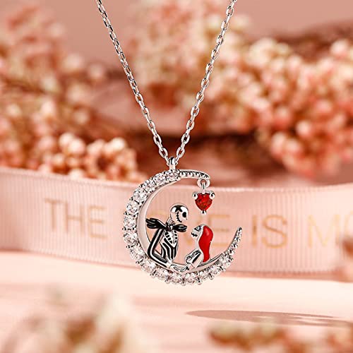 Image of Jeulia Jack Gothic Love Necklace - 925 Sterling Silver Nightmare Pendant Skull Sally Heart Pendant, Spider Web Chain, Halloween Jewelry Gift for Her (Haunted Holidays Inspired)